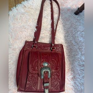 American west handmade red  western leather structured vintage shoulder bag.